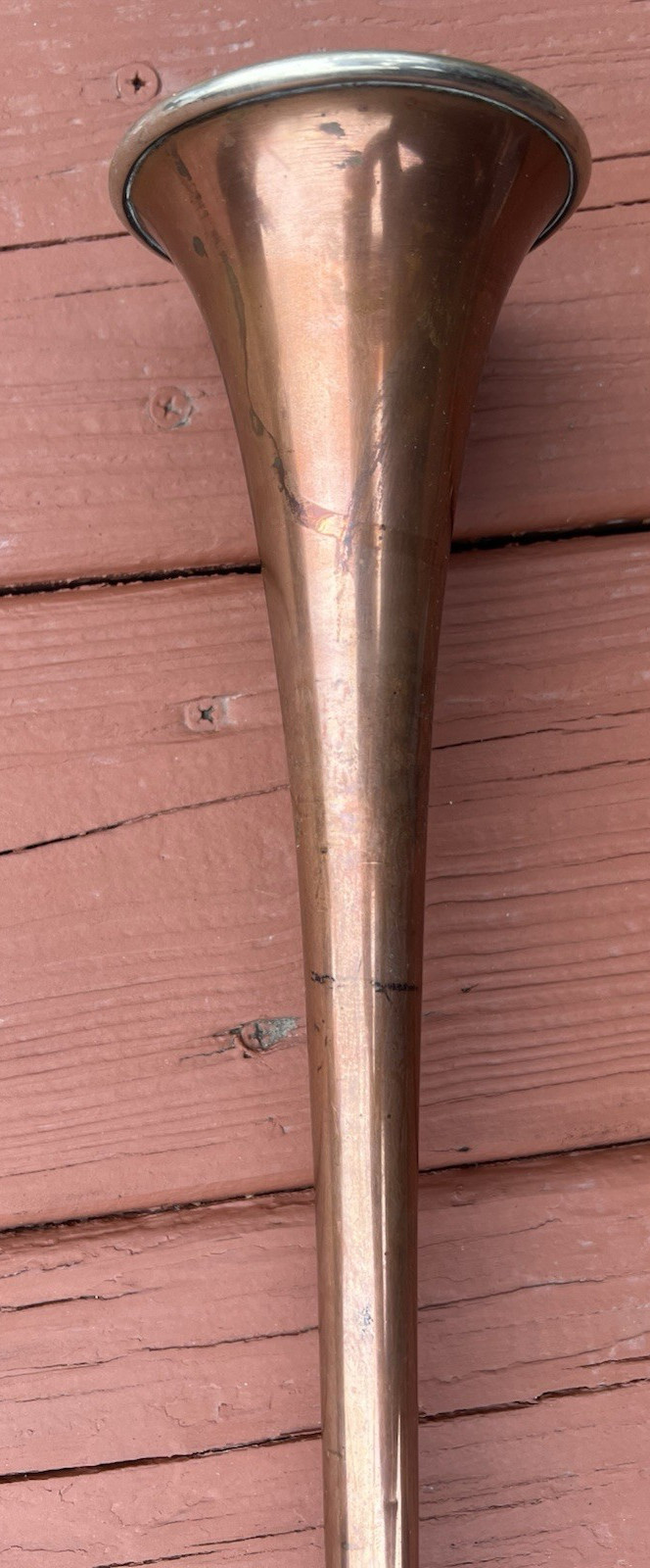 Signed George Potter Copper Brass Silver Long Fox Hunting Horn Wicker Sheath