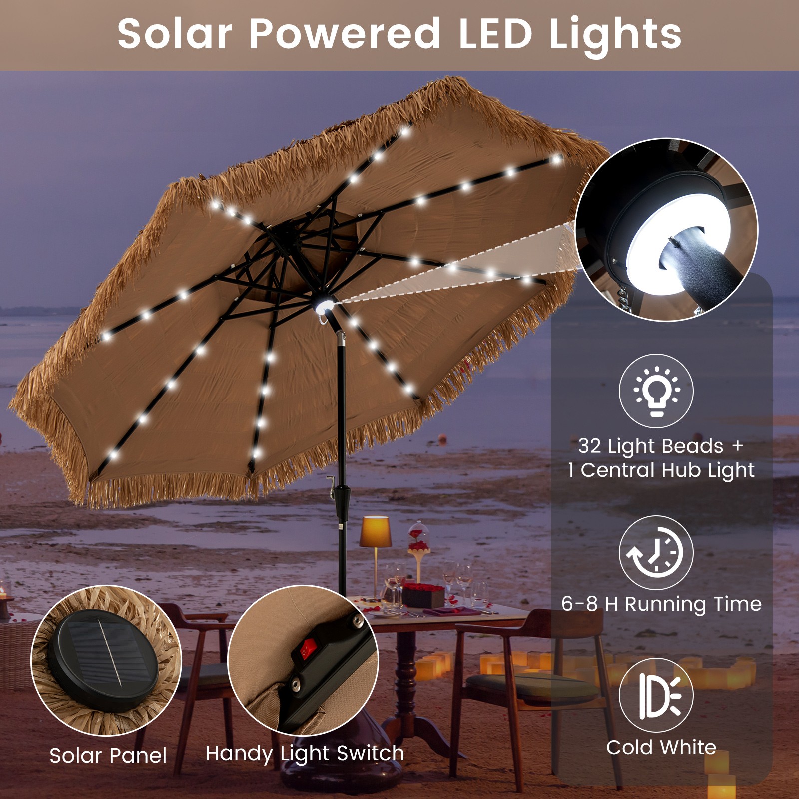 10 ft Solar Lighted Thatched Tiki Patio Umbrella Beach 2 Tier Hawaiian