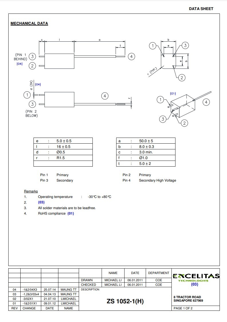 ZS 1052/1 EG&G Heimann External Trigger Coil Transformer 11kV 10mWs 1/2W NOS