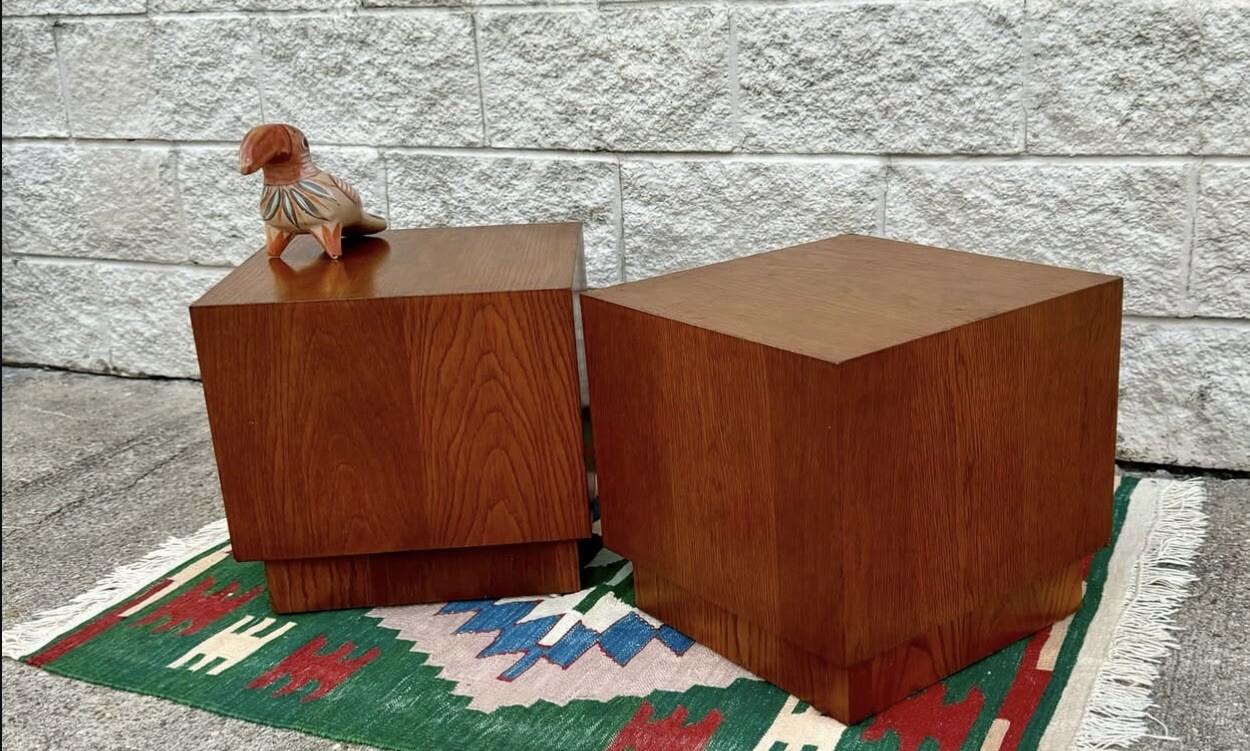 Pair of Walnut Mid Century Modern Cube Shape Side End Tables Plinth Base