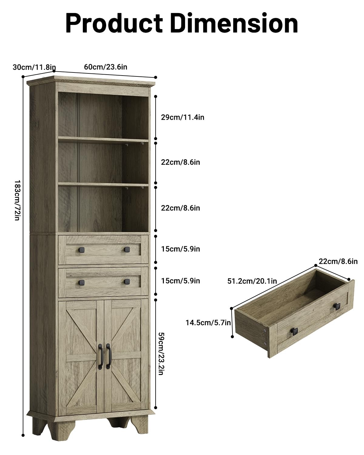 72" Farmhouse Storage Cabinet,Tall w/ 2Drawers,Adjustable Shelves and Barn Door