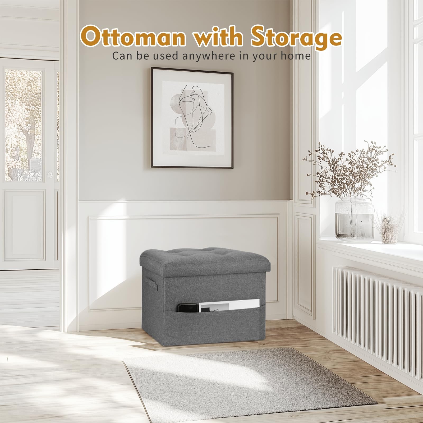Storage Ottoman with Extra Thick Foam Padded Seat, Foldable Foot Rest Stool w...