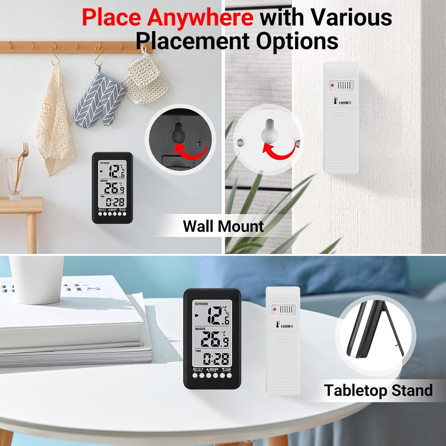 Indoor Outdoor Digital Thermometer Clock Temperature Meter Wireless Transmitter