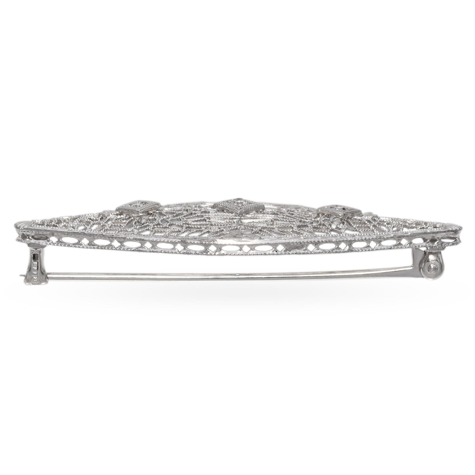 Vintage Art Deco 10K White Gold Old Mine Cut Diamond Filigree Brooch