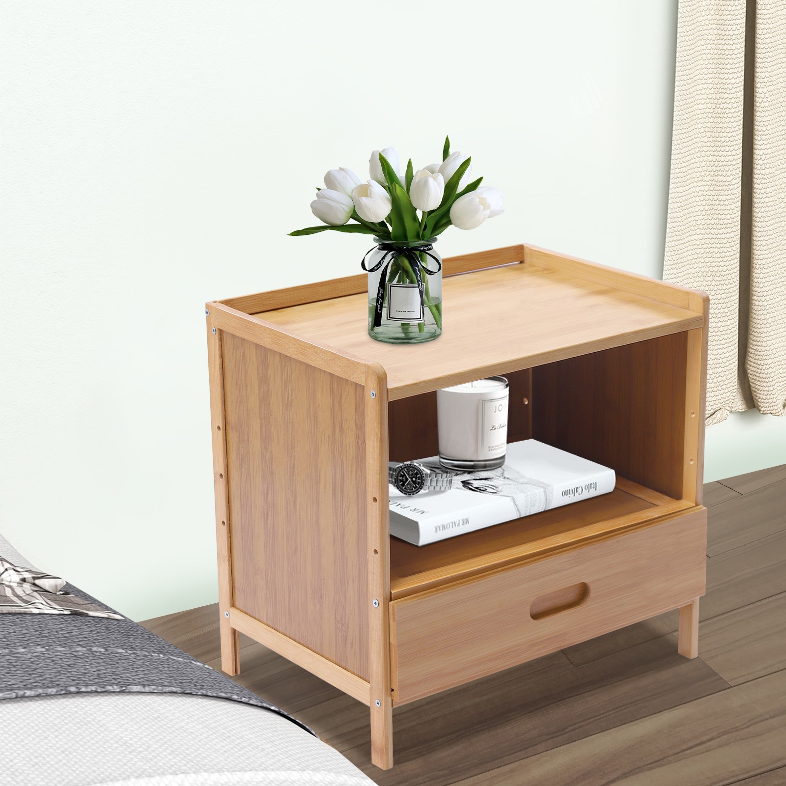 Modern Bedside Cabinet Nightstand Table Drawer Bamboo Bedroom Storage Furniture