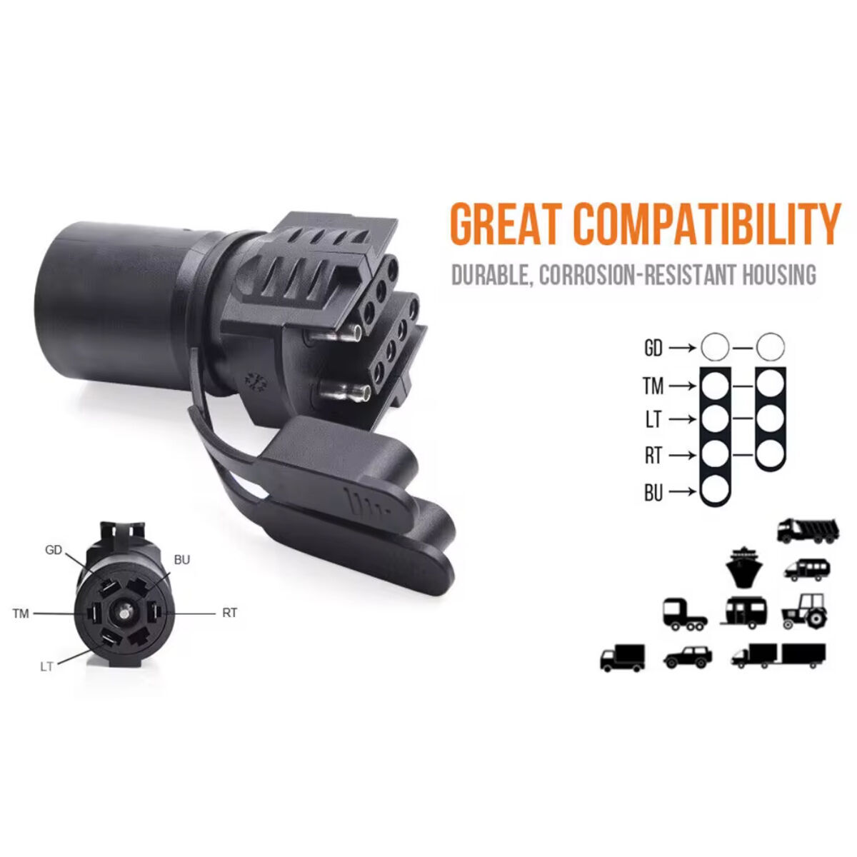 7 Way Round to 4/5 Pins Flat Trailer Wiring Plug Adapter for Truck RV Tow Hitch