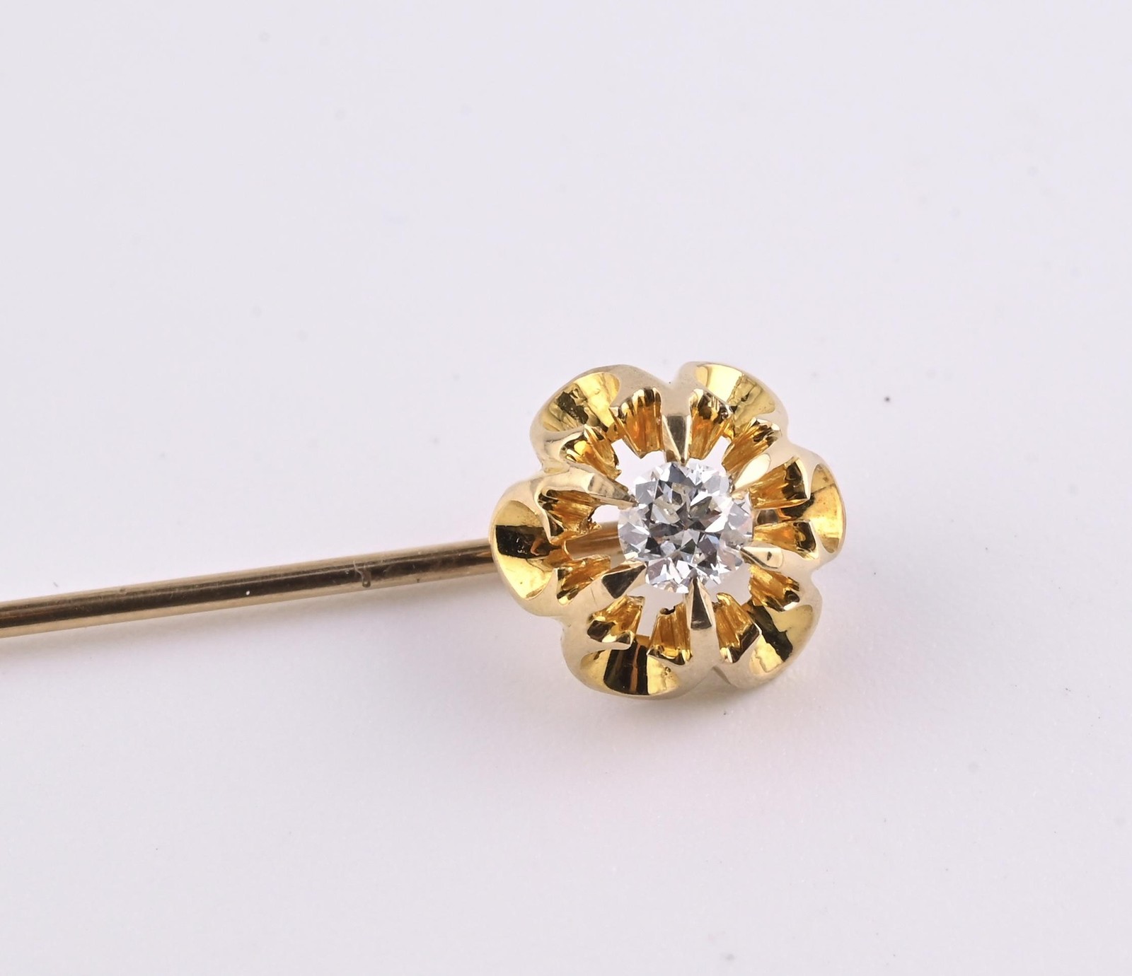 Antique 10K Yellow Gold Diamond Stick Pin Old Euro Old Mine Cut Lapel Tie Pin