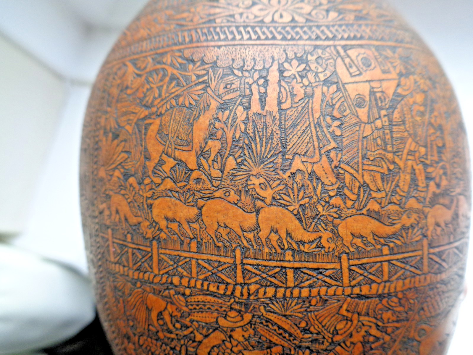 ANTIQUE SOUTH AMERICAN FOLK ART CARVED GOURD BULL FIGHTER, CHURCH, FARMER, LLAMA