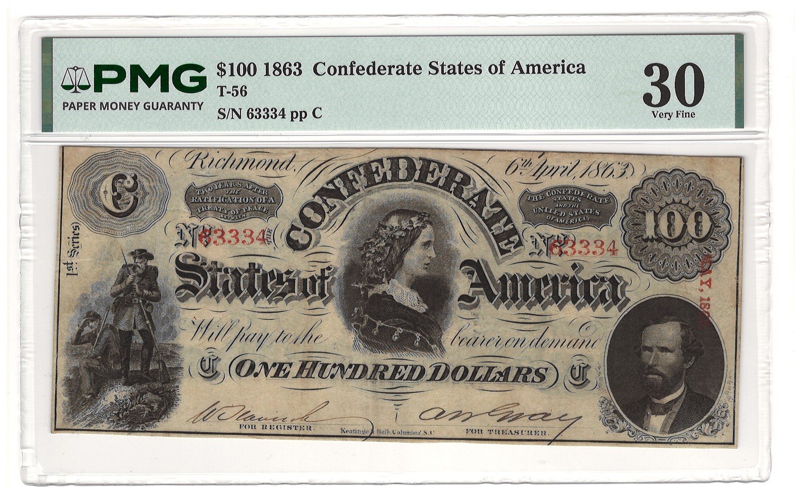 1863 $100 CONFEDERATE STATES OF AMERICA T-56, PMG VF-30, NICE COLOR & PRETTY!