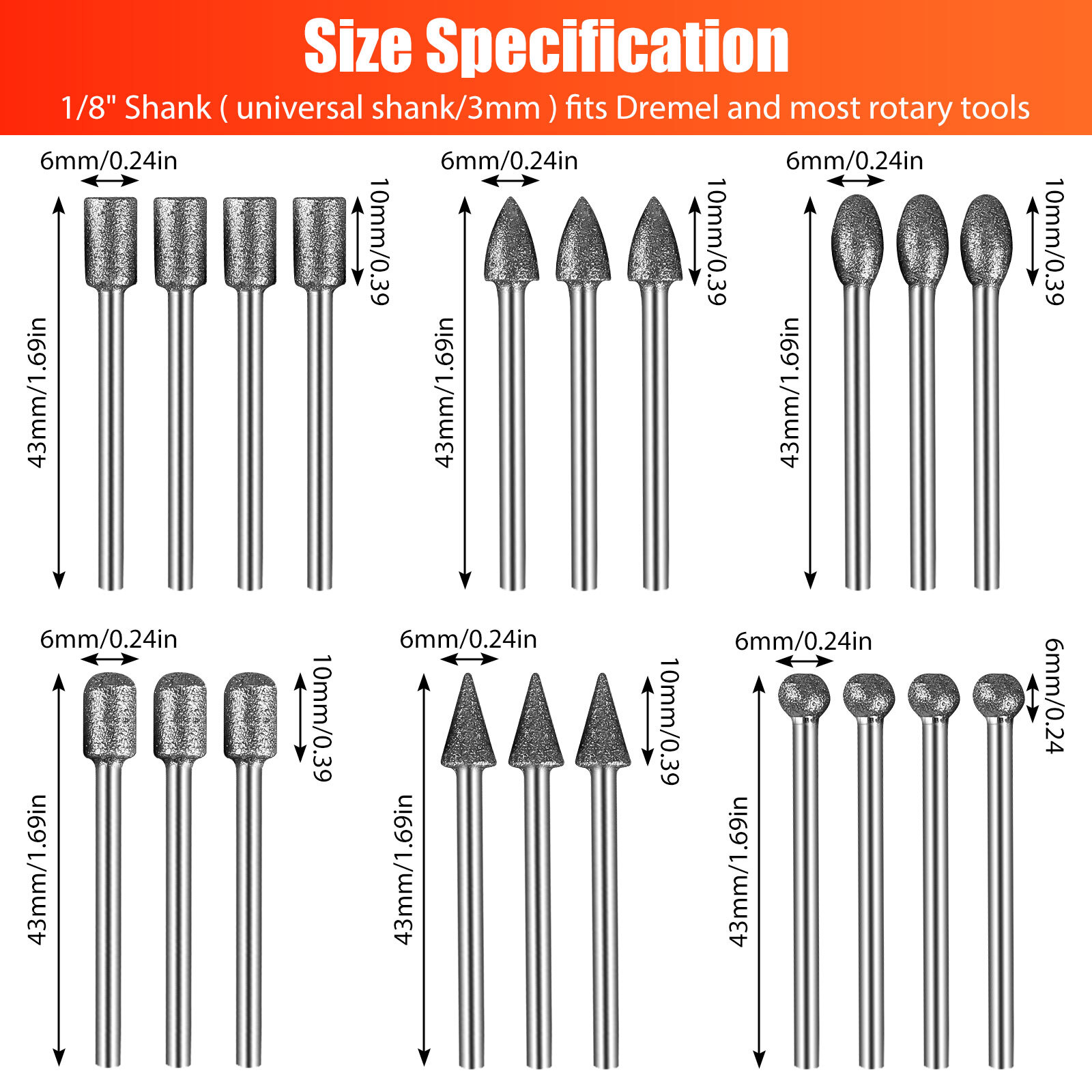 20pcs Diamond Burr Set Drill Bits Mini Drill For Dremel Rotary Tool Accessories