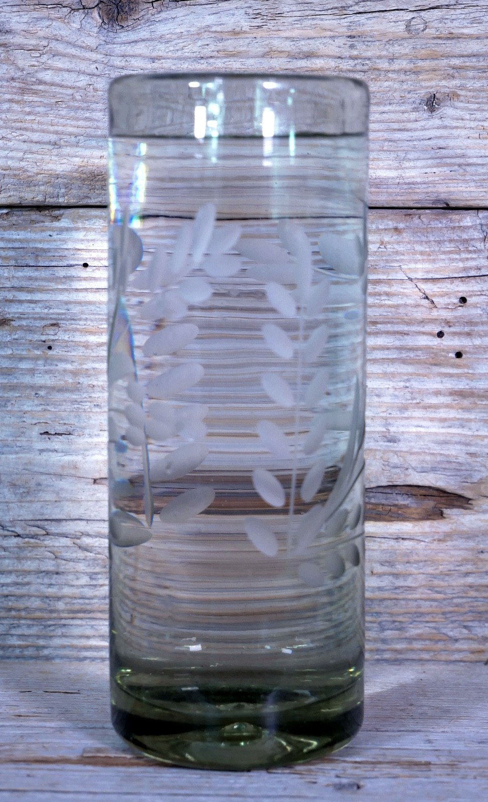 Set of 4 Tall Lemonade Glasses Handblown Hand Etched Pale Green Mexican Folk Art