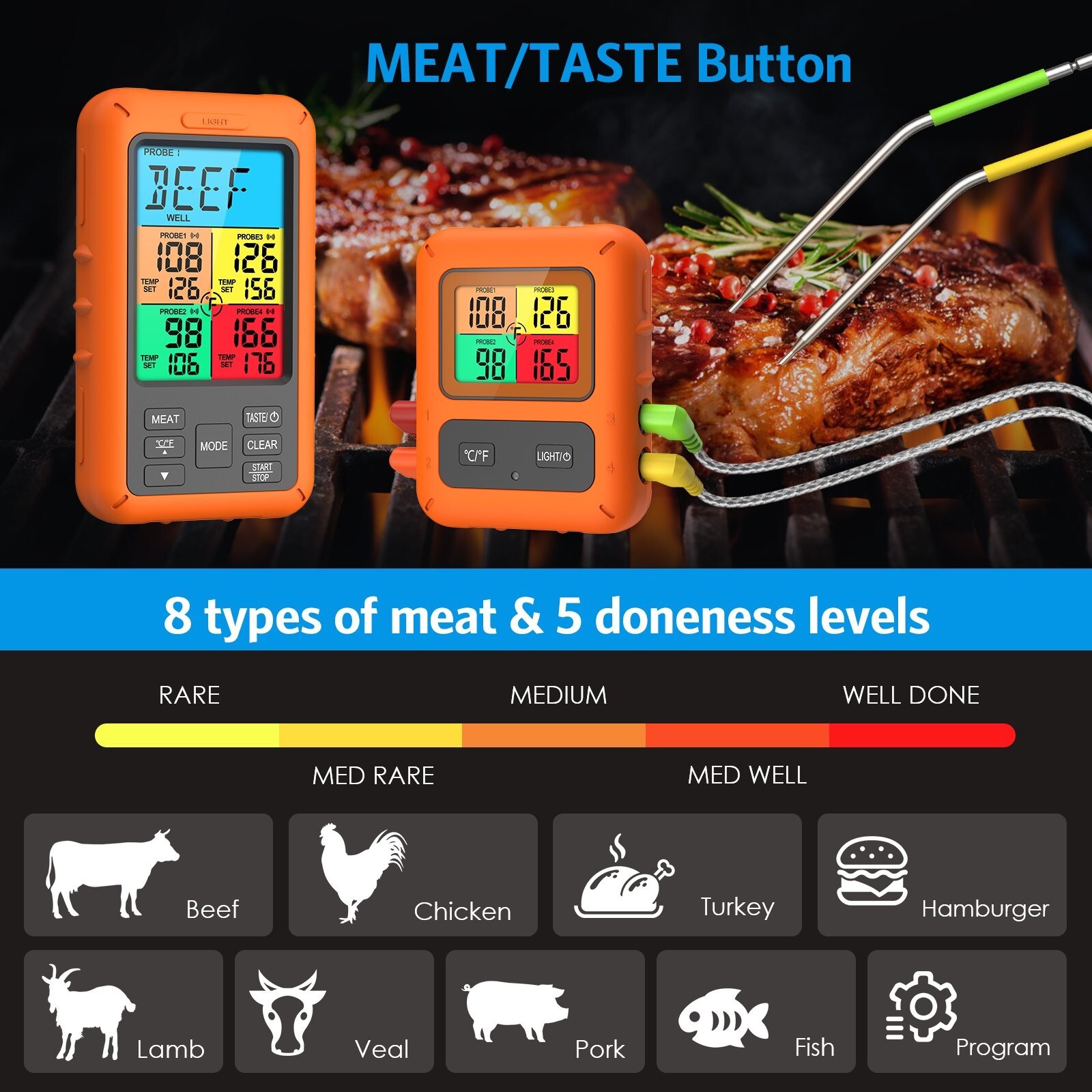 Smart Wireless Meat Thermometer w/ 4 Probes for BBQ Grilling Baking Barbecue