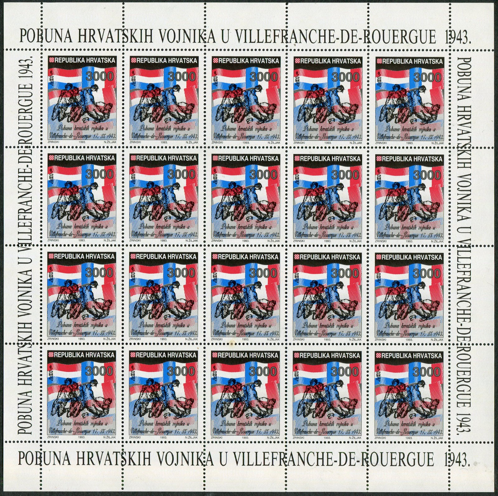 Croatia #176 Villefranche Uprising 50th Anniv 3000d Postage Full Sheet 1993 MNH