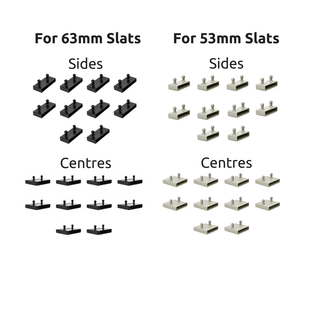 Bed Slat Holders 50-53mm 60-63mm Caps Fixings 2 Pins Sides Centre Ends Middle