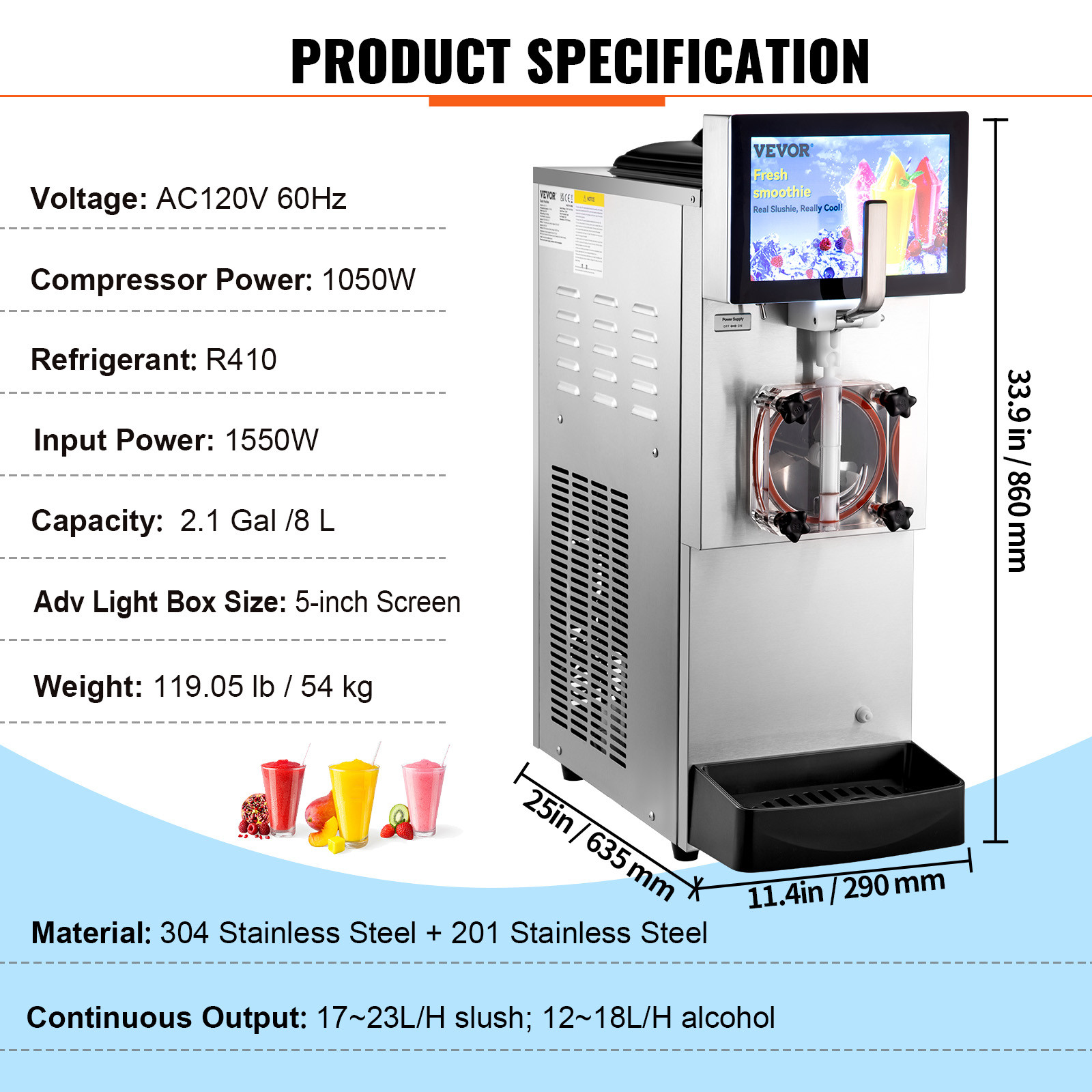 VEVOR 8L / 2.1 Gal Commercial Slushy Machine Margarita Smoothie Frozen Drink