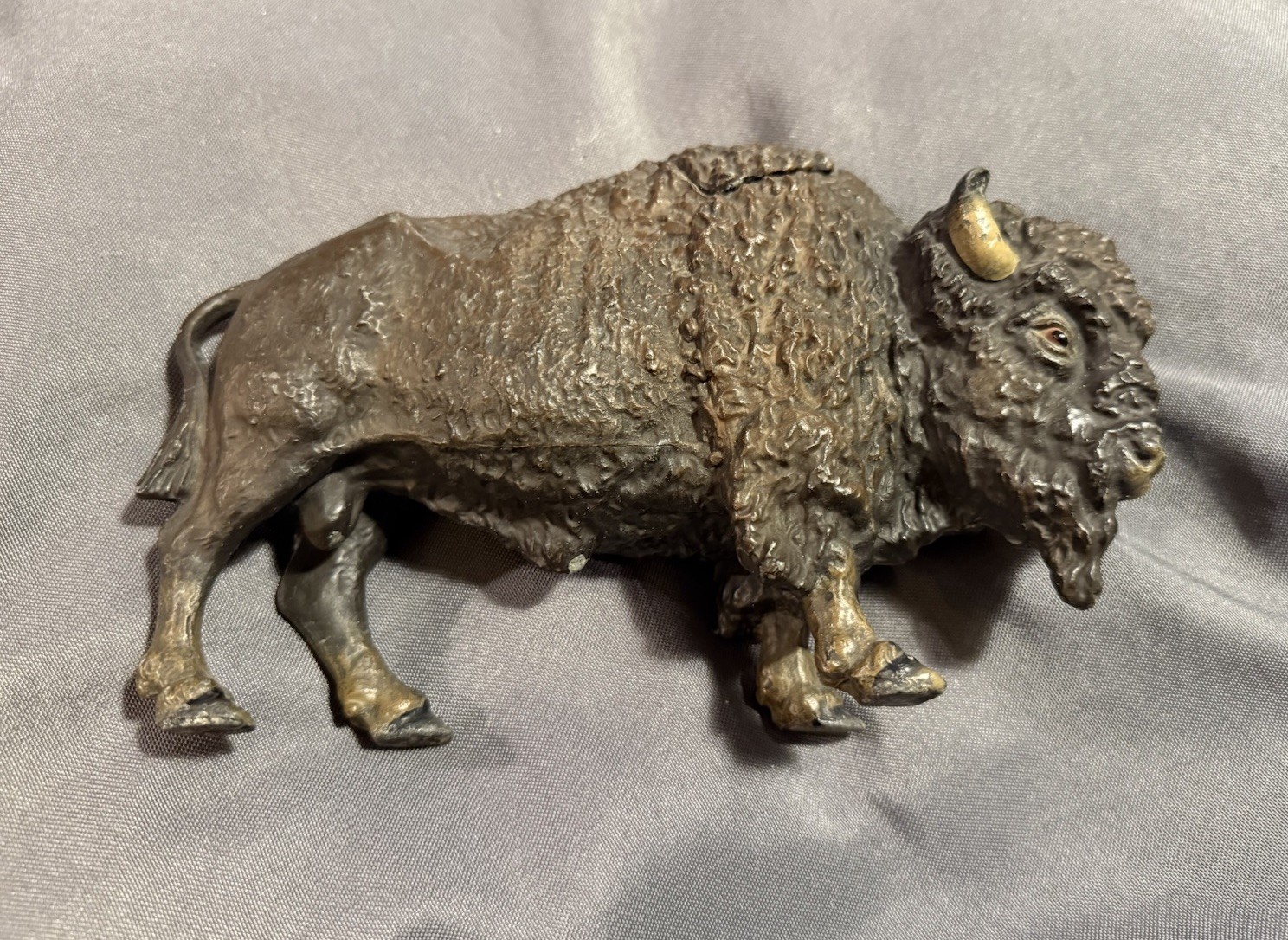 Antique Cold Painted Buffalo Inkwell Sculptural Desk Object w/ insert