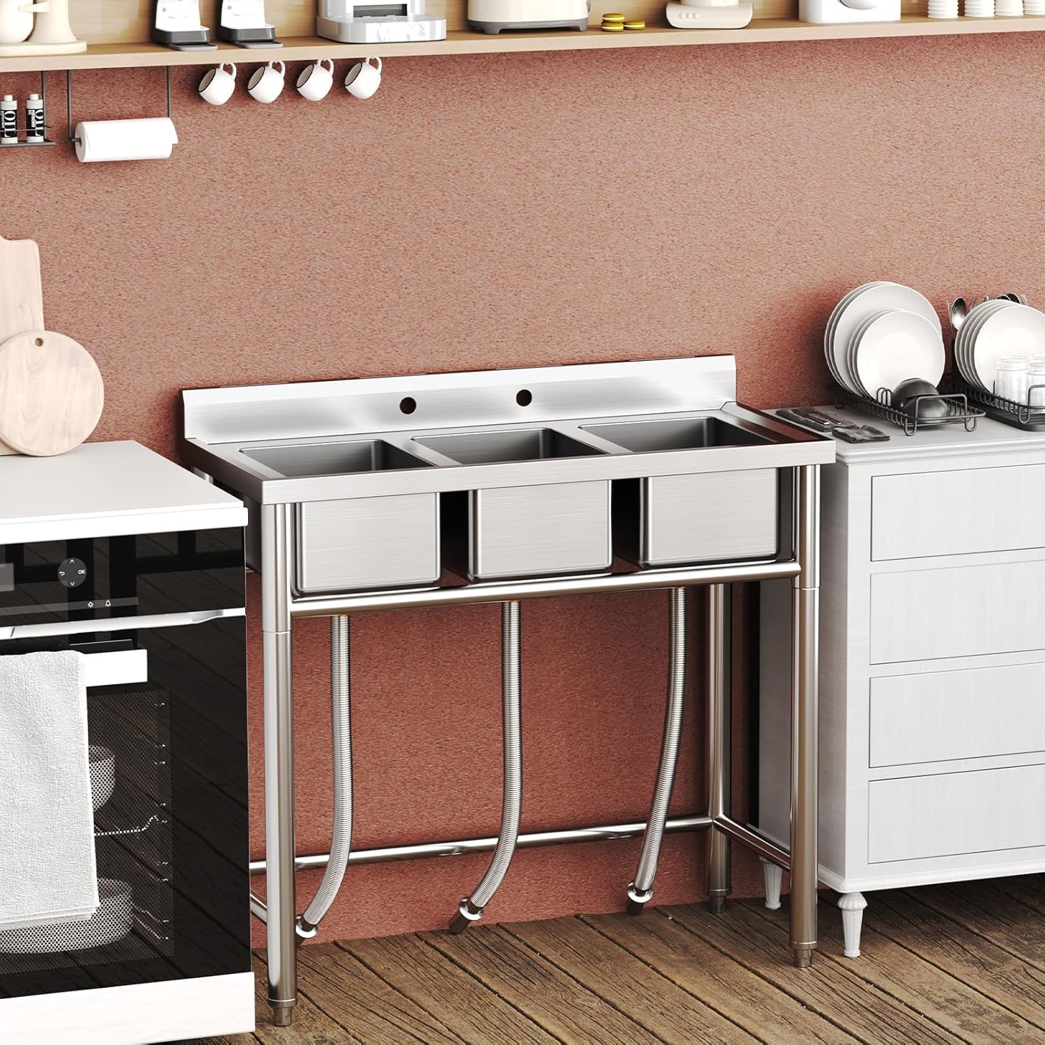 Three 3 Compartment Basins Stainless Steel Commercial Kitchen Restaurant Sink US