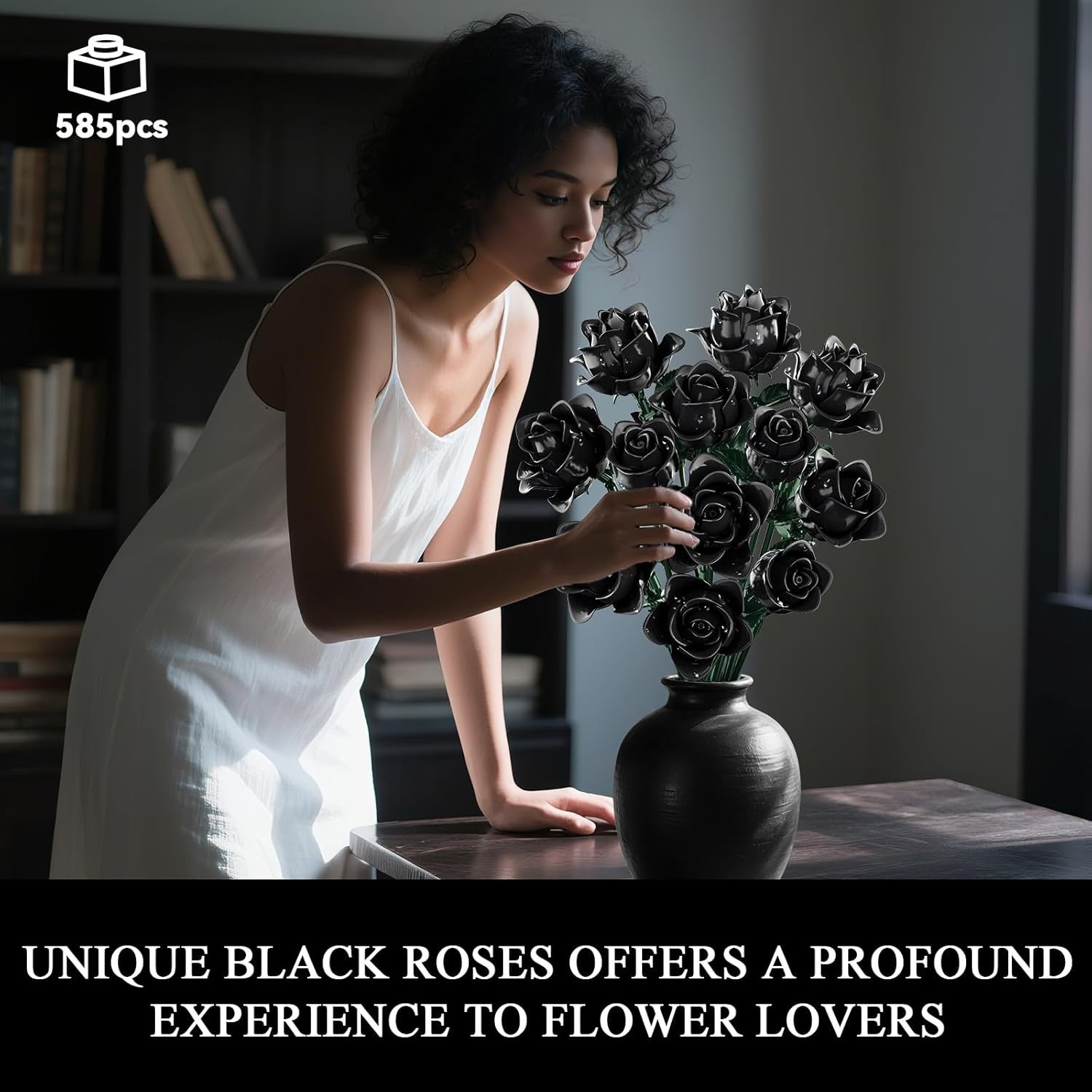 Black Roses Bouquet Building Set, 585 pcs, Gothic Home Decor, Adult