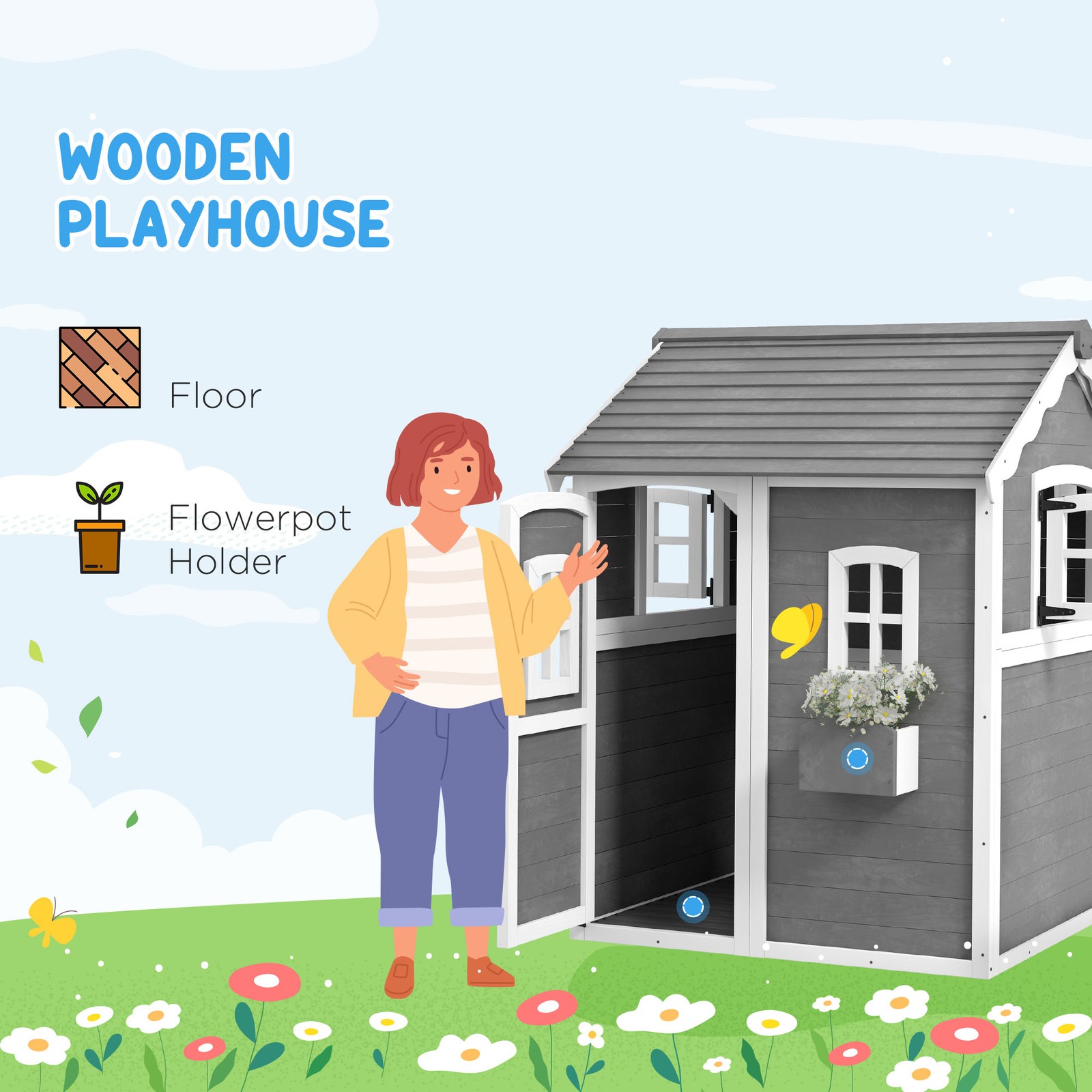 Outdoor Wooden Kids Playhouse with Floor – Backyard Garden Play House Ages 3–8