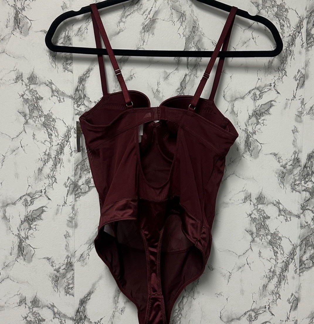 Auden Berry Red Satin And Mesh Lightly Lined Lingerie Bodysuit Size S