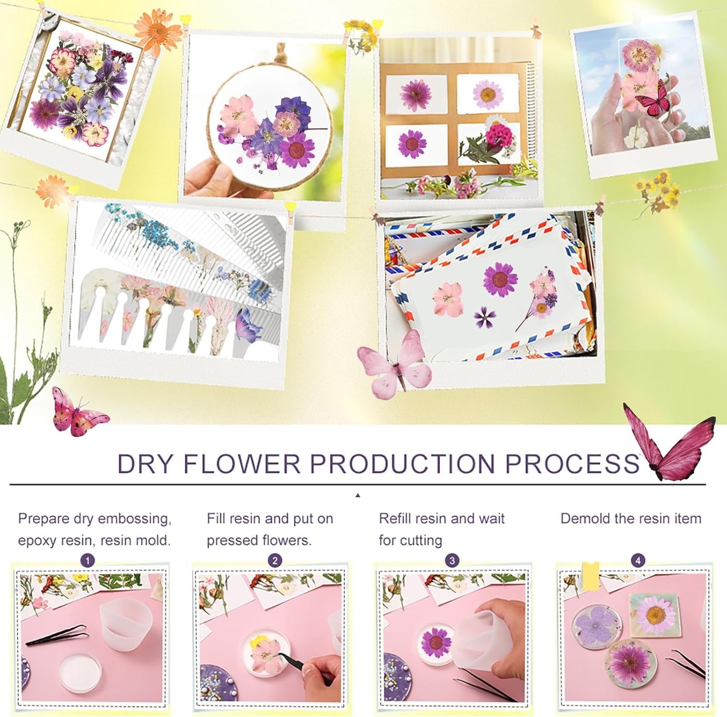 95Pcs Natural Pressed Dried Flowers Resin and Butterflies, Dry Flowers for Resin