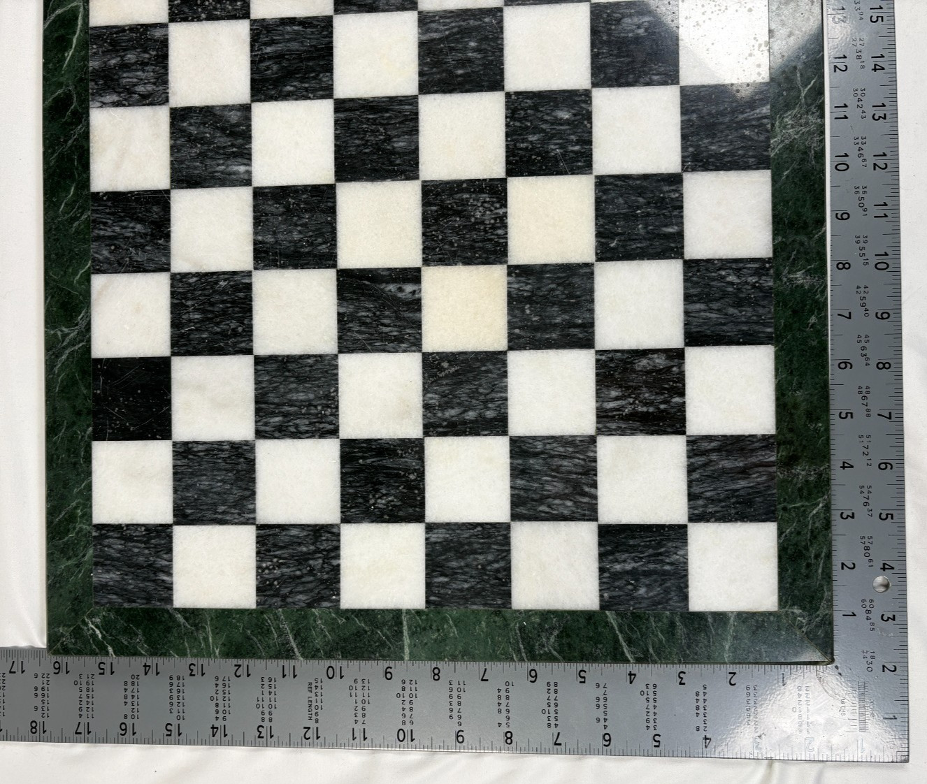 Marble Chess Board Black White With Green Border Stone 15 Inch Vintage Used