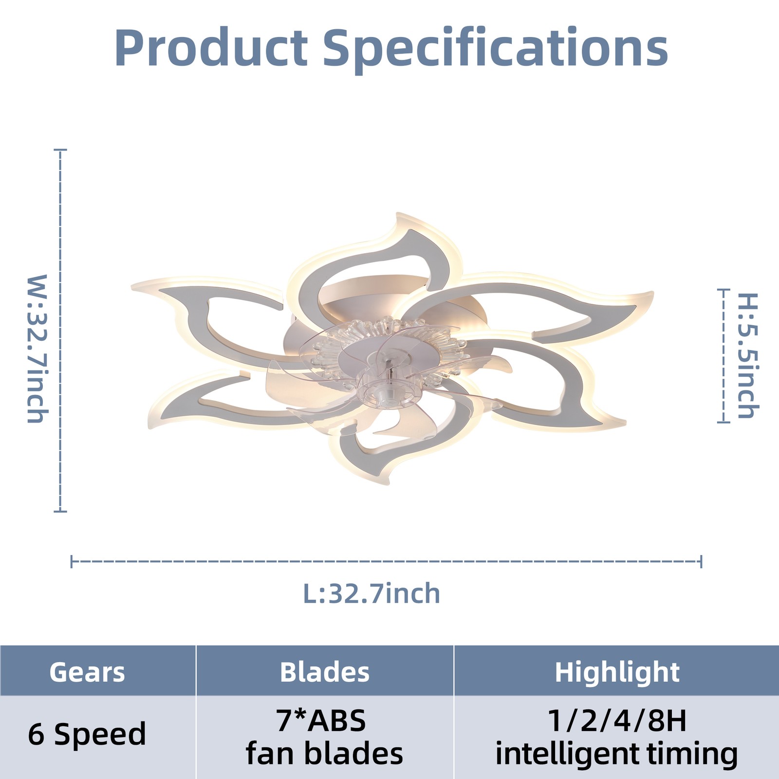 33'' Modern Flower Ceiling Fan with LED Light Flush Mount Remote APP Control Kit