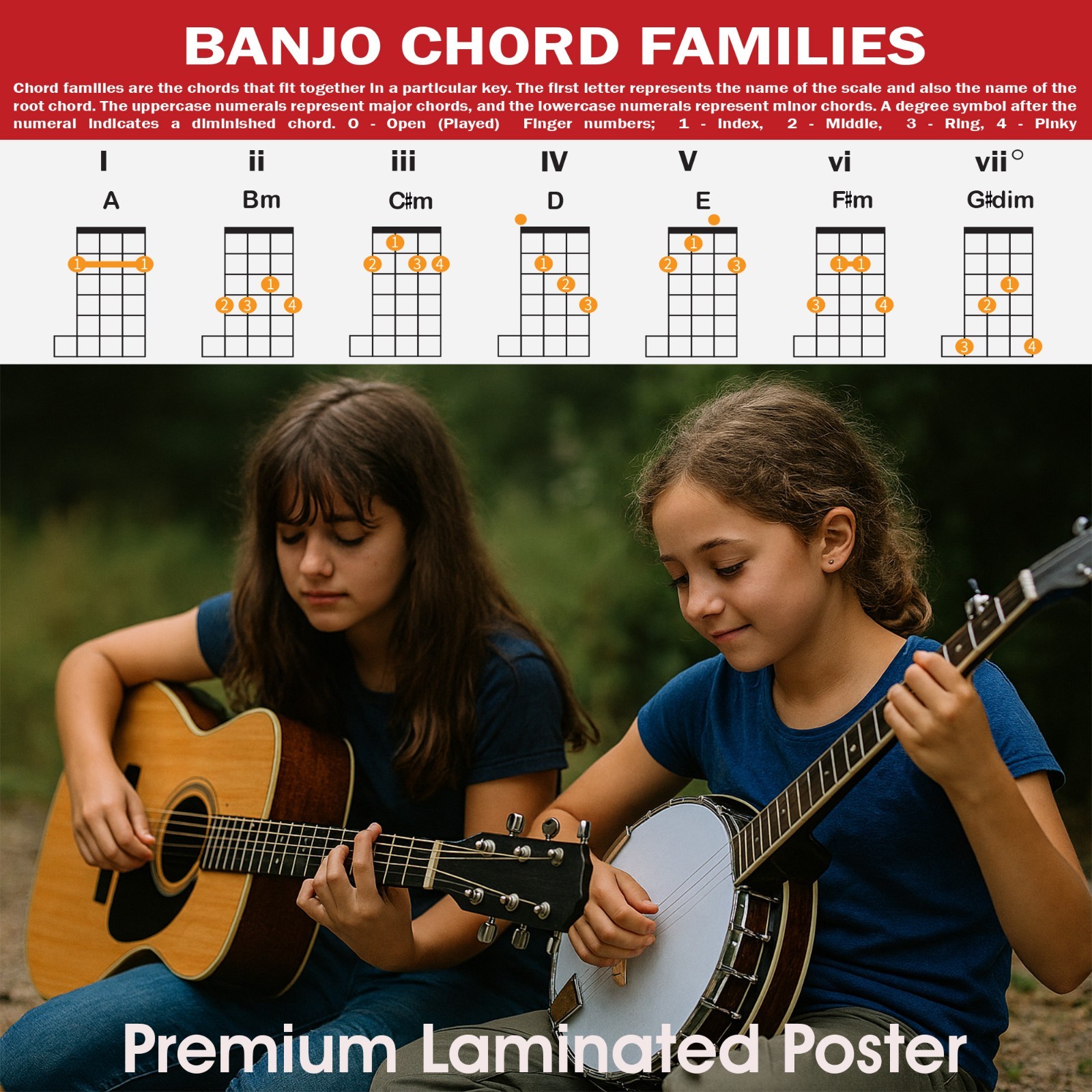 QMG Banjo Chord Families Poster (11"x17") – Laminated Chart 49 Color-Chords