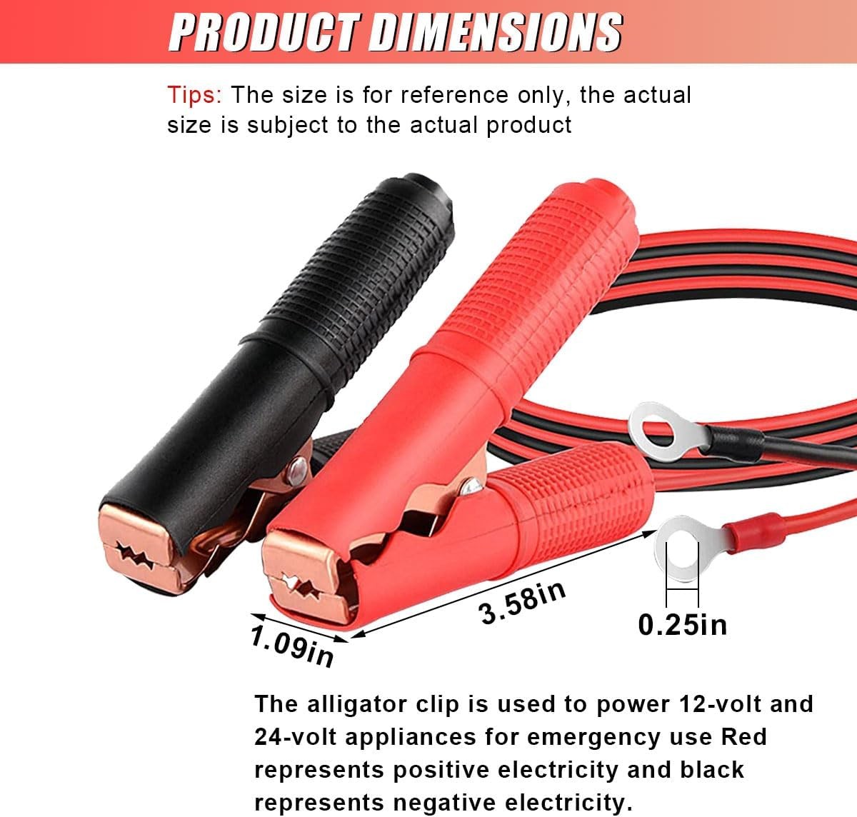 Alligator Clips Jumper Cables 2PCS 13AWG 3.3FT Battery Charger Clamps 12V/24V