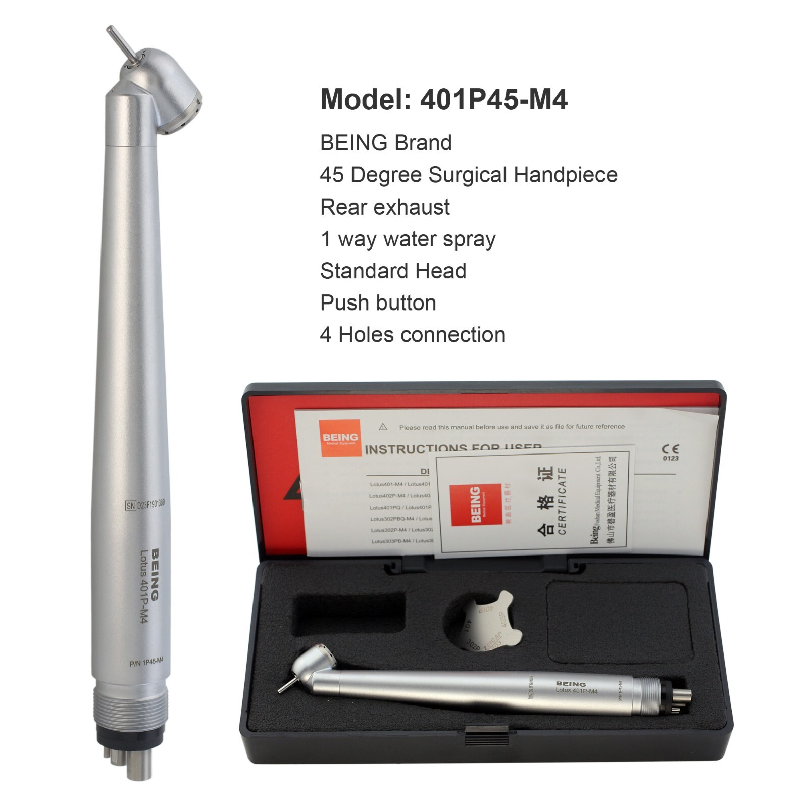 BEING Dental Surgical High Speed Handpiece 45 Degree Reverse Air 4 Hole LED NSK