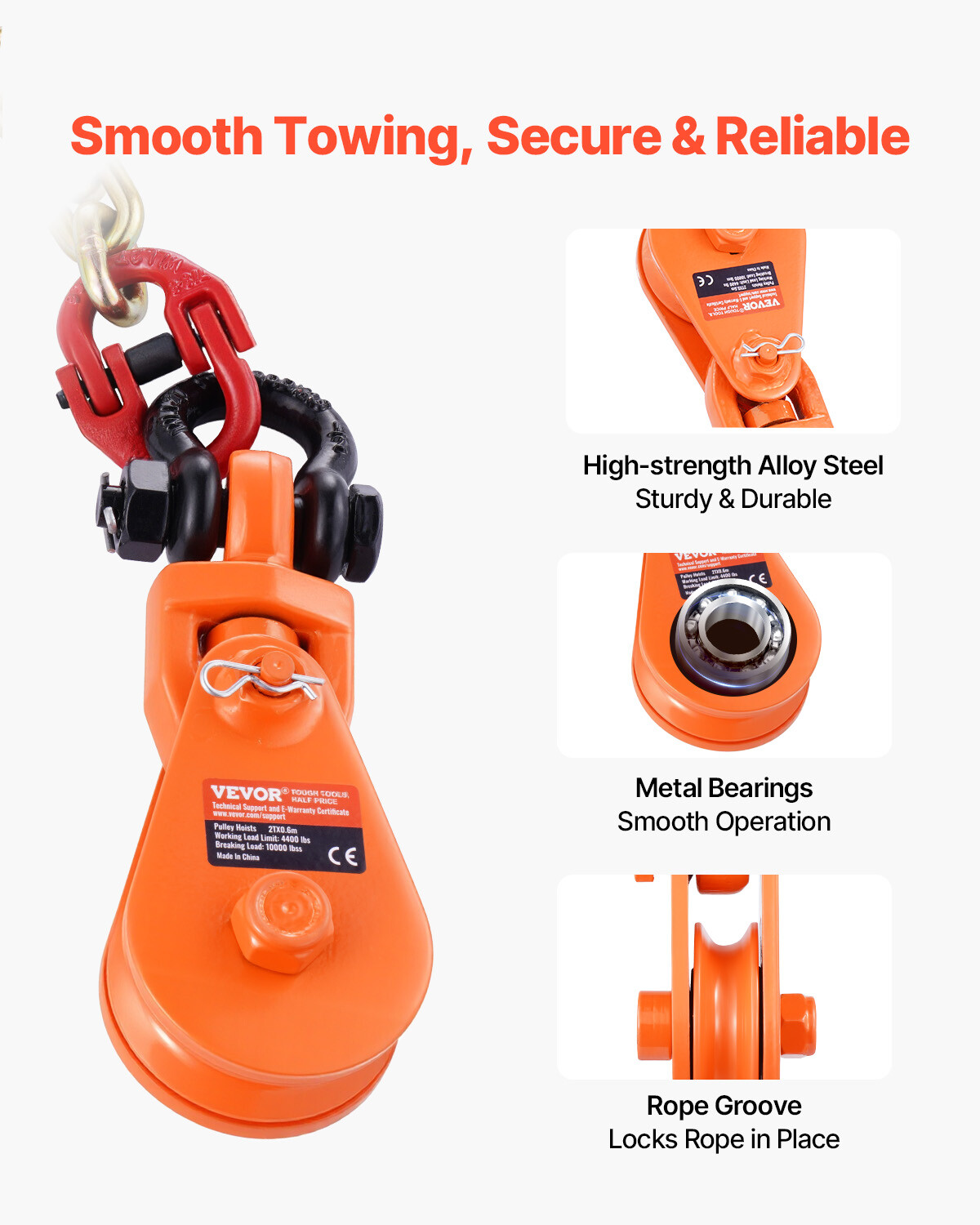 2 Ton 3" Snatch Block with Chain Flatbed Tow Truck Rollback Car Carrier Cable