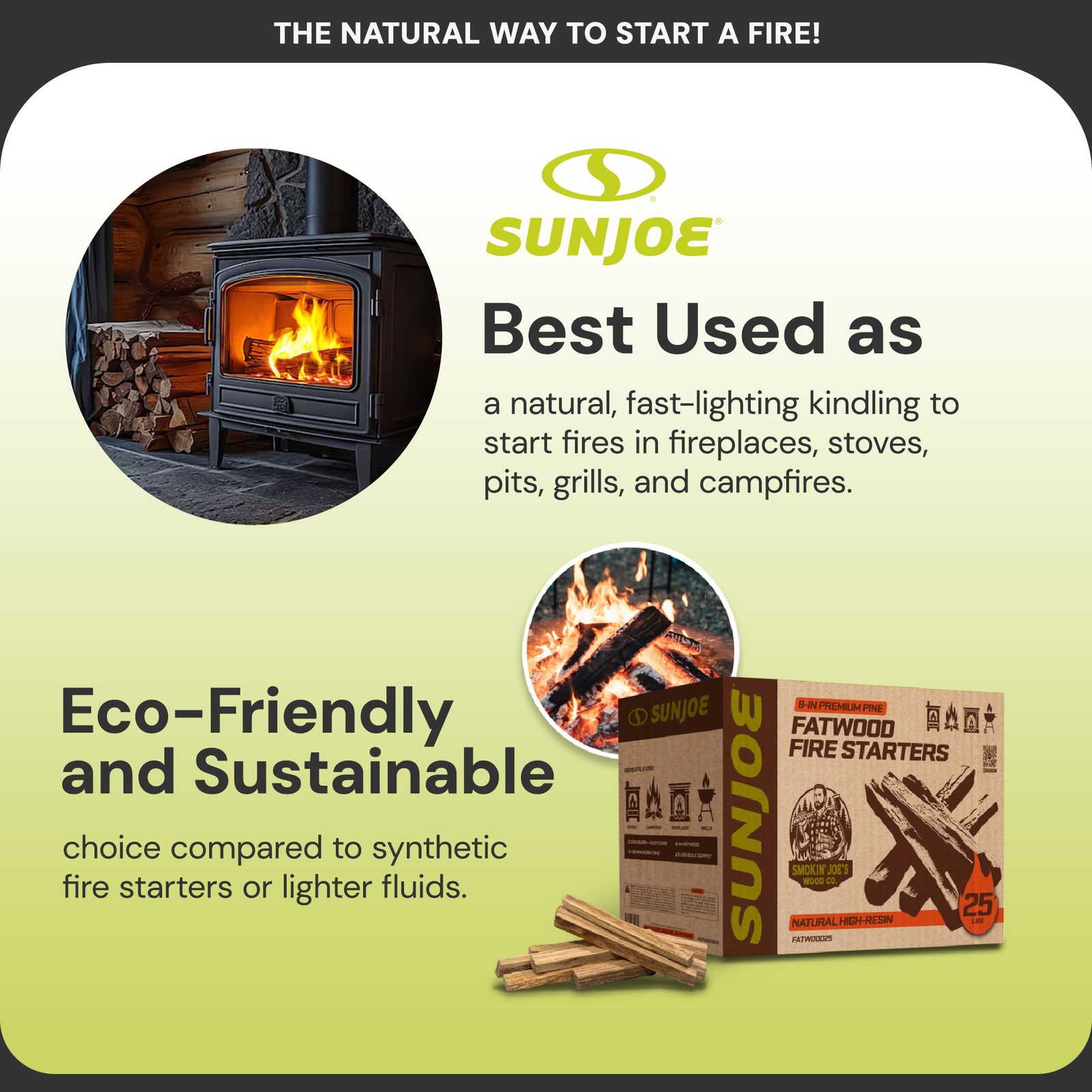 Sun Joe 25 Lb Fatwood Fire Starter Sticks for Fireplace, Wood Stove & Grill Use