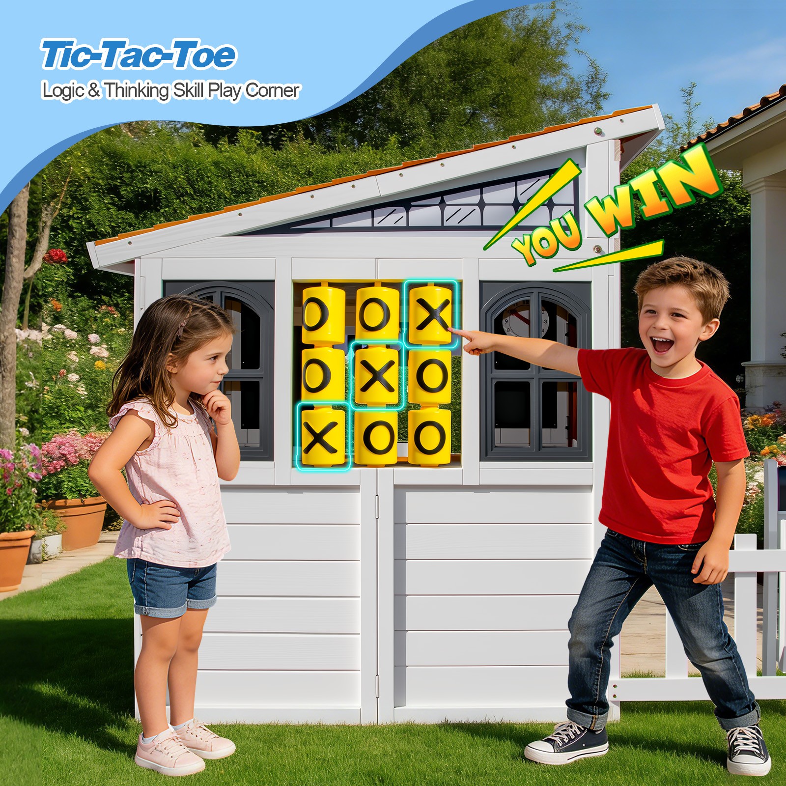 Wooden Kids Playhouse Cottage Play Kitchen,Bench,Mailbox,Tic-Tac-Toe,Chalkboards