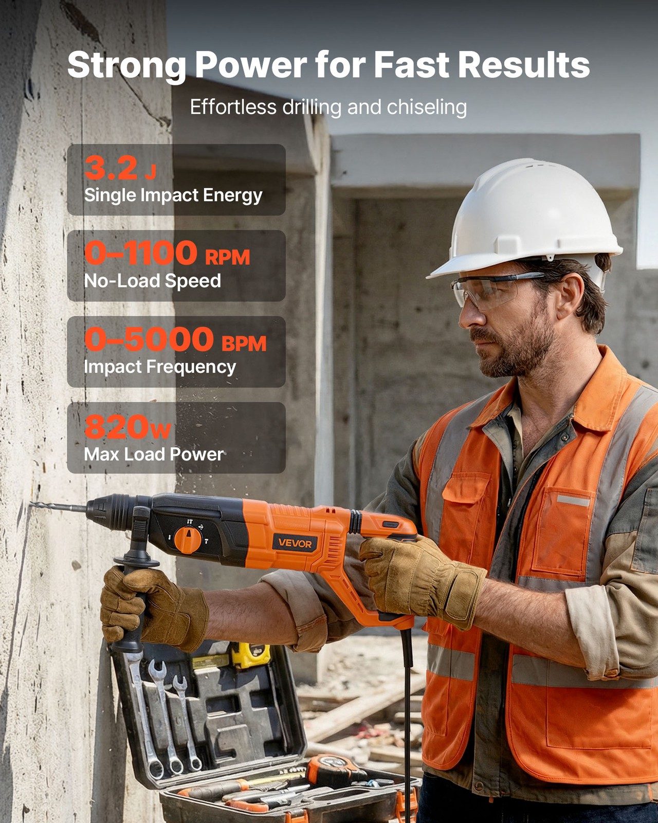 VEVOR Rotary Hammer Drill Rotary Hammer 1-1/8 in SDS-Plus for Concrete Masonry