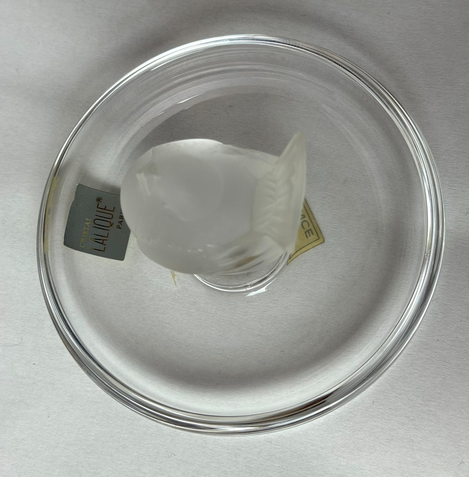Lalique Pinson Finch 1970s Art Glass Ring Dish Clear & Frosted Crystal 2” Tall
