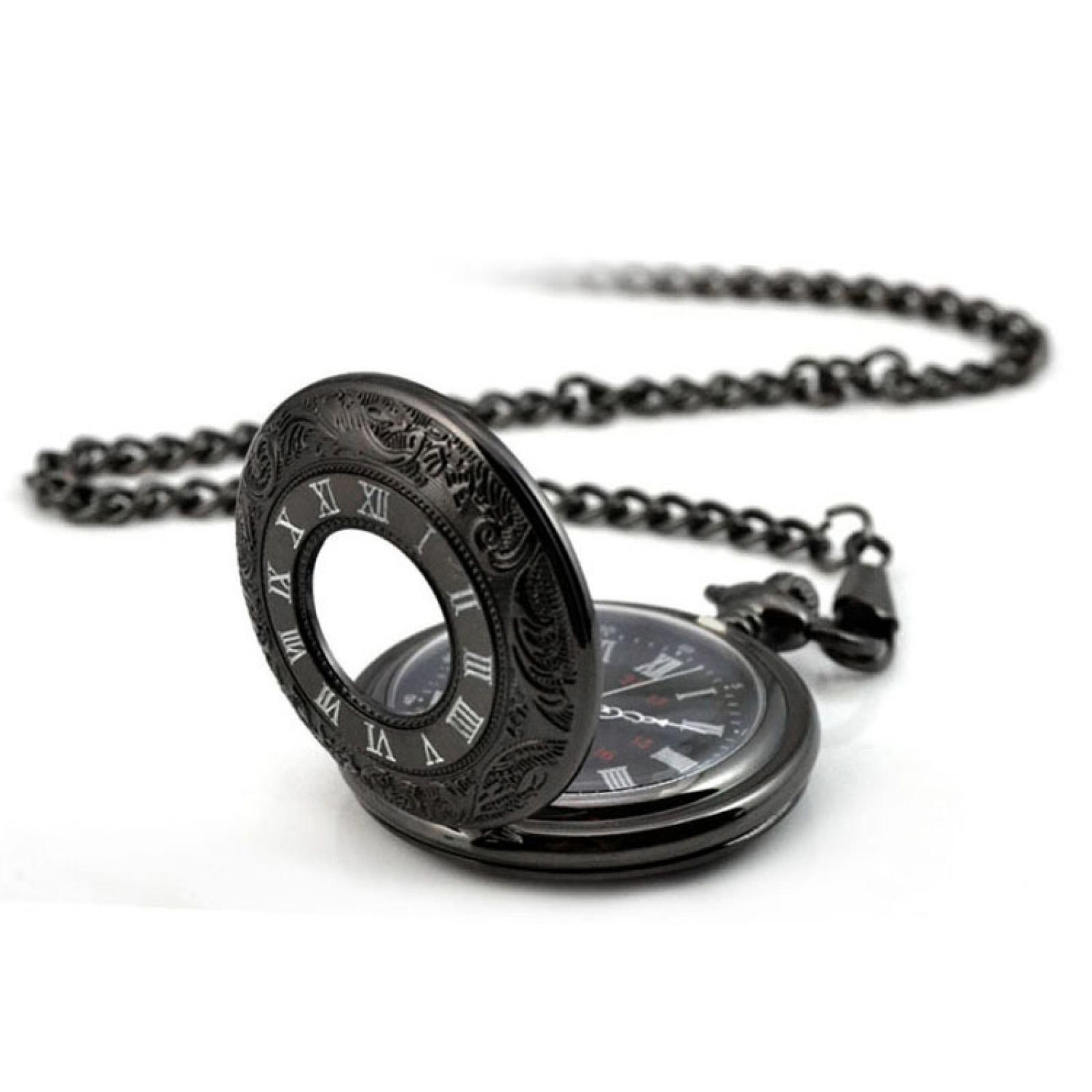 Retro Steampunk Pocket Watch Black Vintage Quartz Pendant Necklace Chain Gift