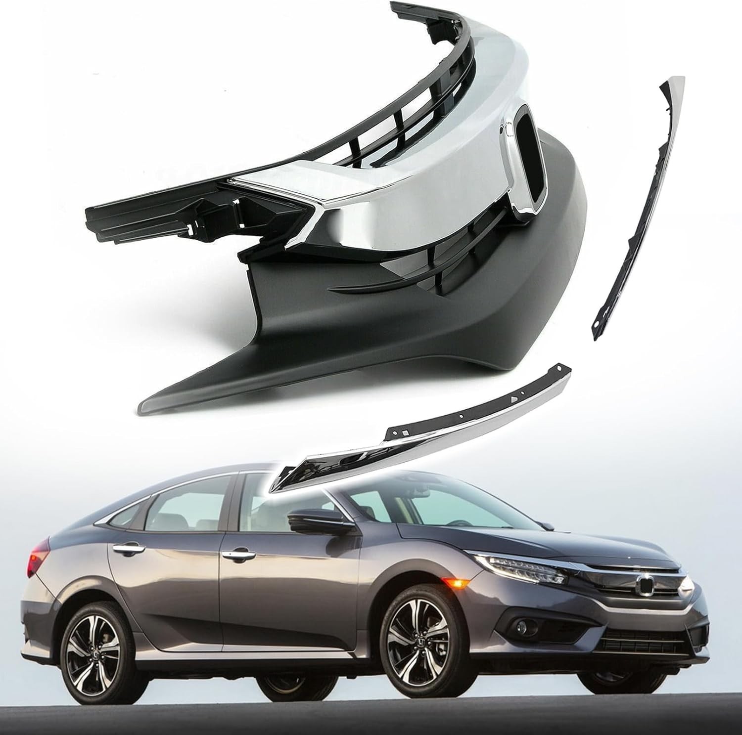 Front Bumper Grille Upper Grill With Chrome Headlight Eyelid Molding Trim Fit...