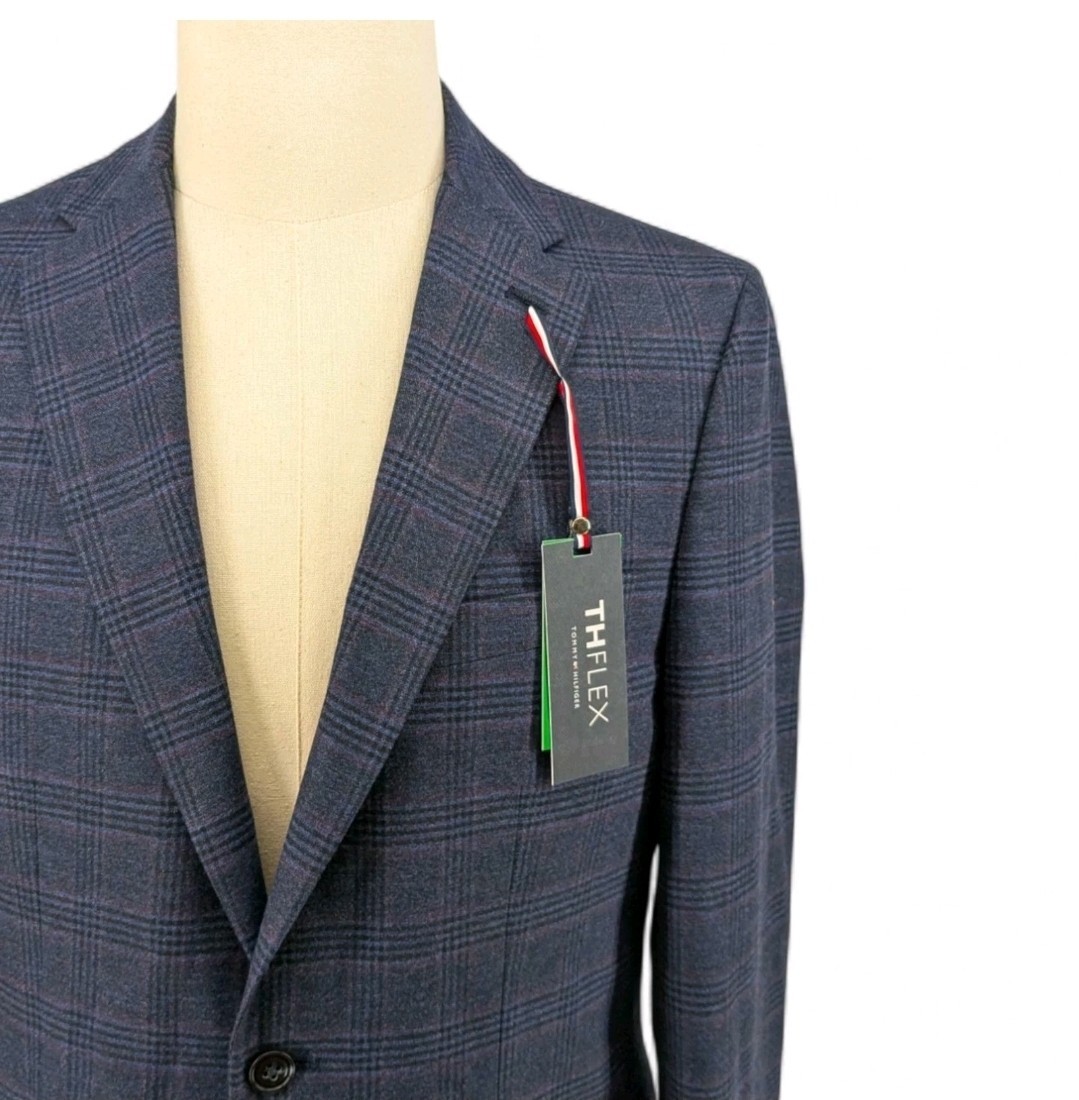 Tommy Hilfiger Mens Modern fit Sport Coat Blazer 38 R Navy Blue Plaid Stretch