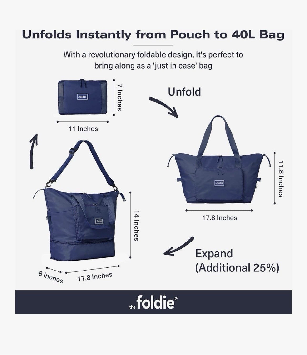 The Foldie® 4.0 Travel Duffle - Water Resistant - Expandable Bottom - Navy Blue