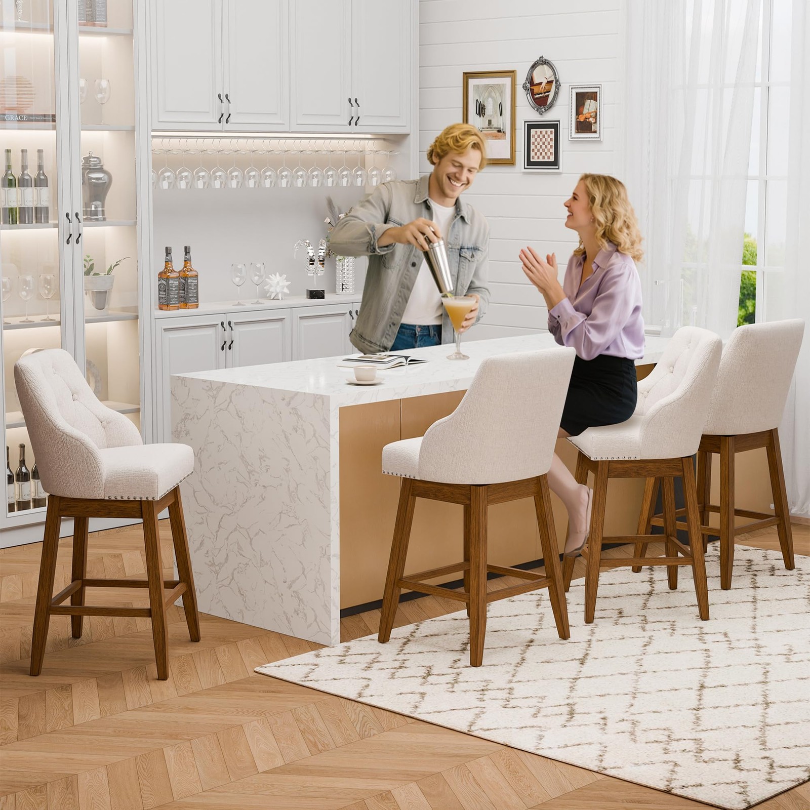 Swivel Bar Stools Set of 2 Upholstered Barstools with with Tufted Backs