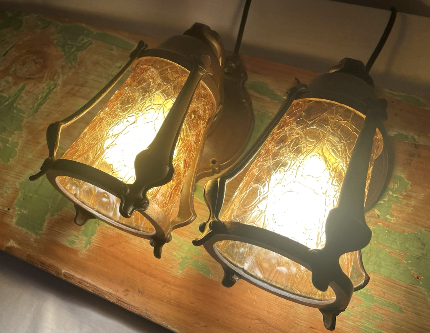 RESTORED Pair Antique Vtg Tudor Arts Crafts Wall Sconces Amber Glass Porch Light