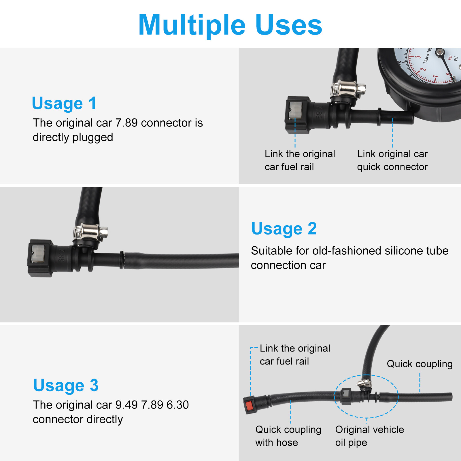 Fuel Injection Pressure Tester Injector Pump Gauge Kit with 3 Connectors 100 PSI