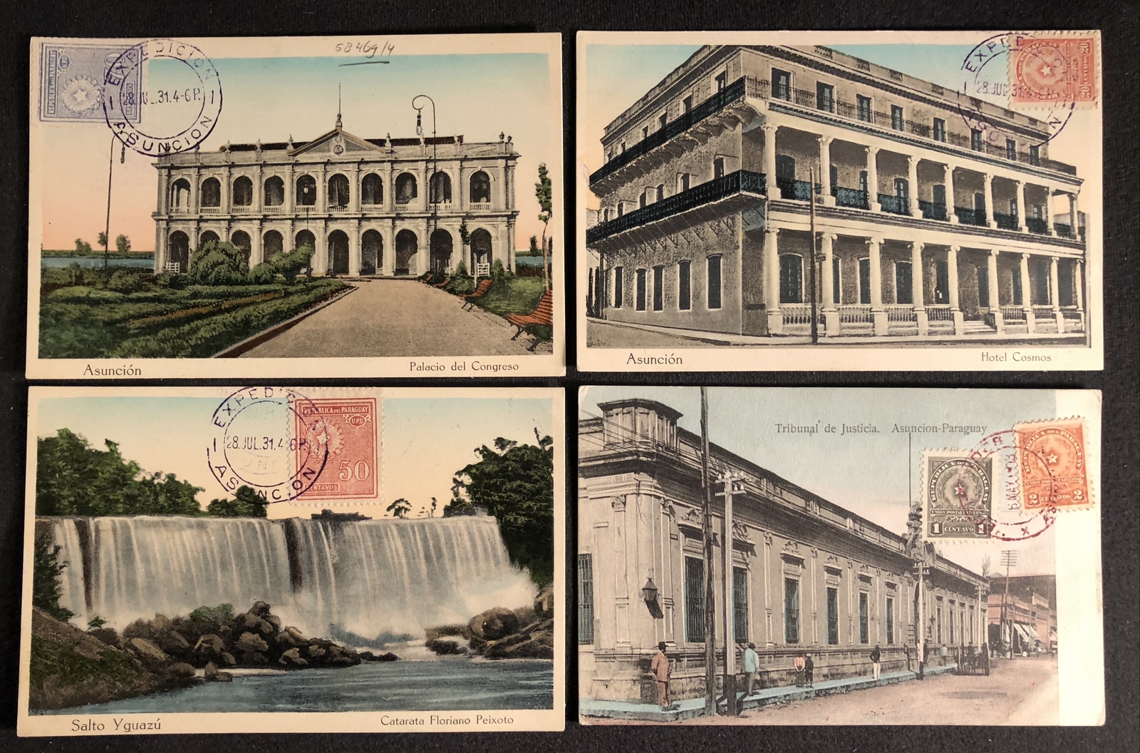 PARAGUAY 1931 4 x PPC -STAMP ON FRONT - NOT MAILED -VF -