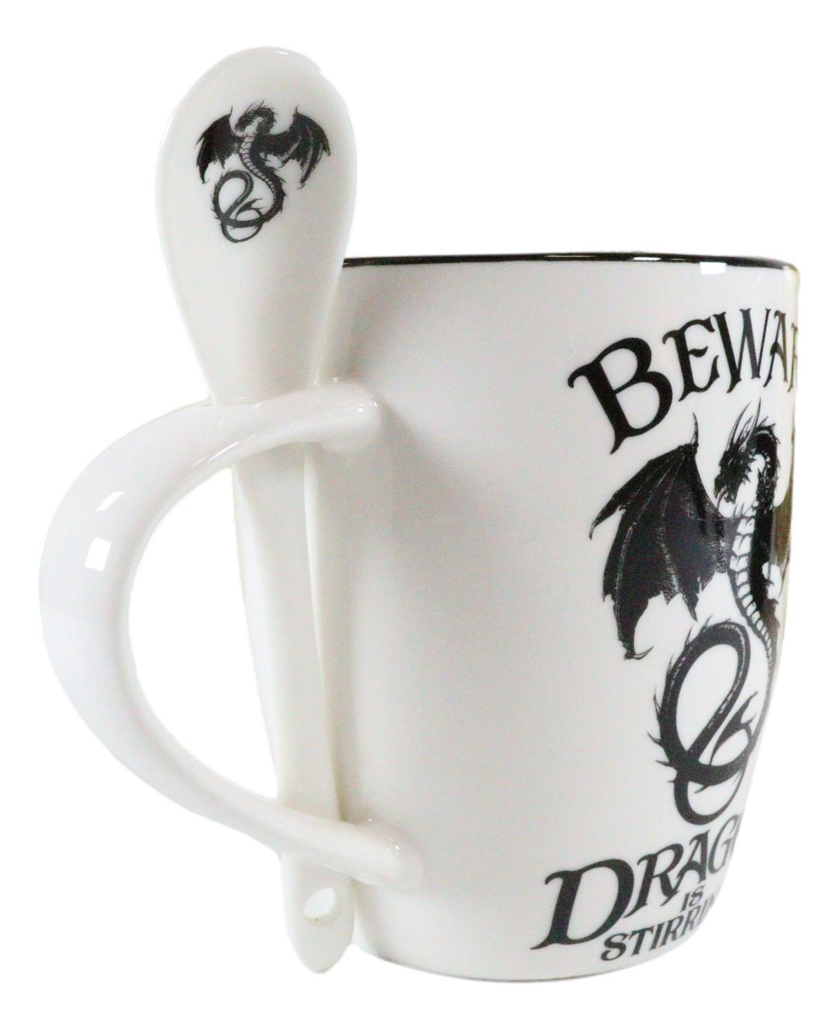 Ebros Altar Drake Beware Dragon Is Stirring Cocoa Tea Coffee Cup Mug & Spoon Set