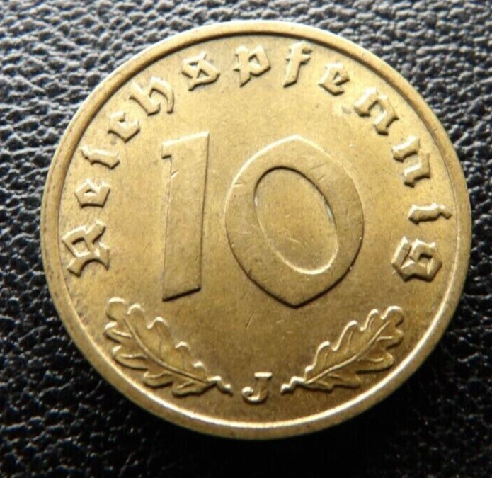 Third Reich Germany WW2-Era 10 Reichspfennig (Pfennig) Bronze Coin Genuine!!