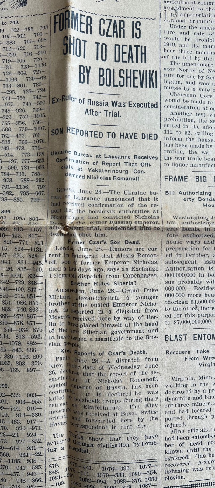 WWI Russian Revolution Czar Nicholas II Romanov Shot Rumor Newspaper 1918