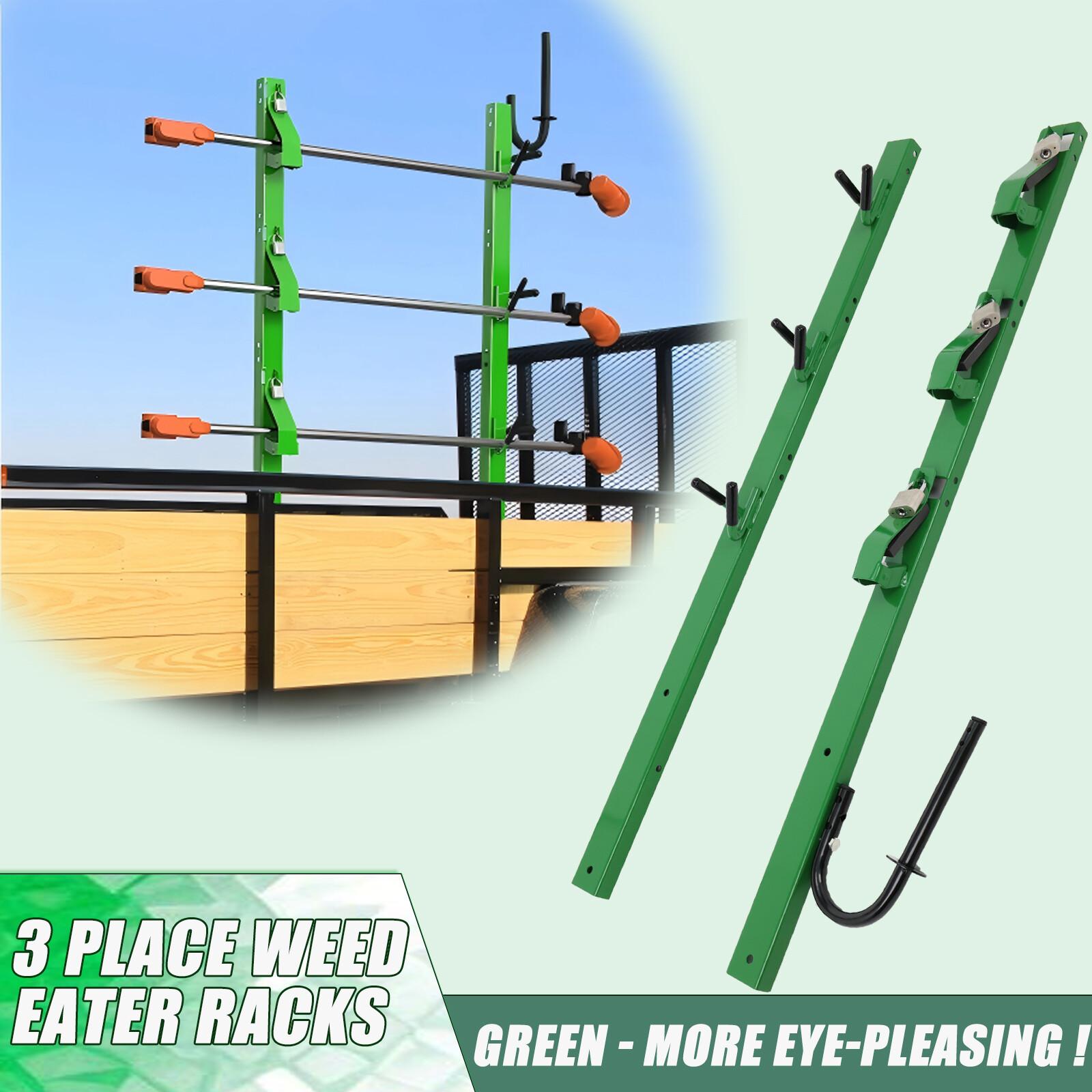 GREEN 3 Place Weedeater Trimmer Racks For OPEN Landscape Truck&Trailer w/ Lock
