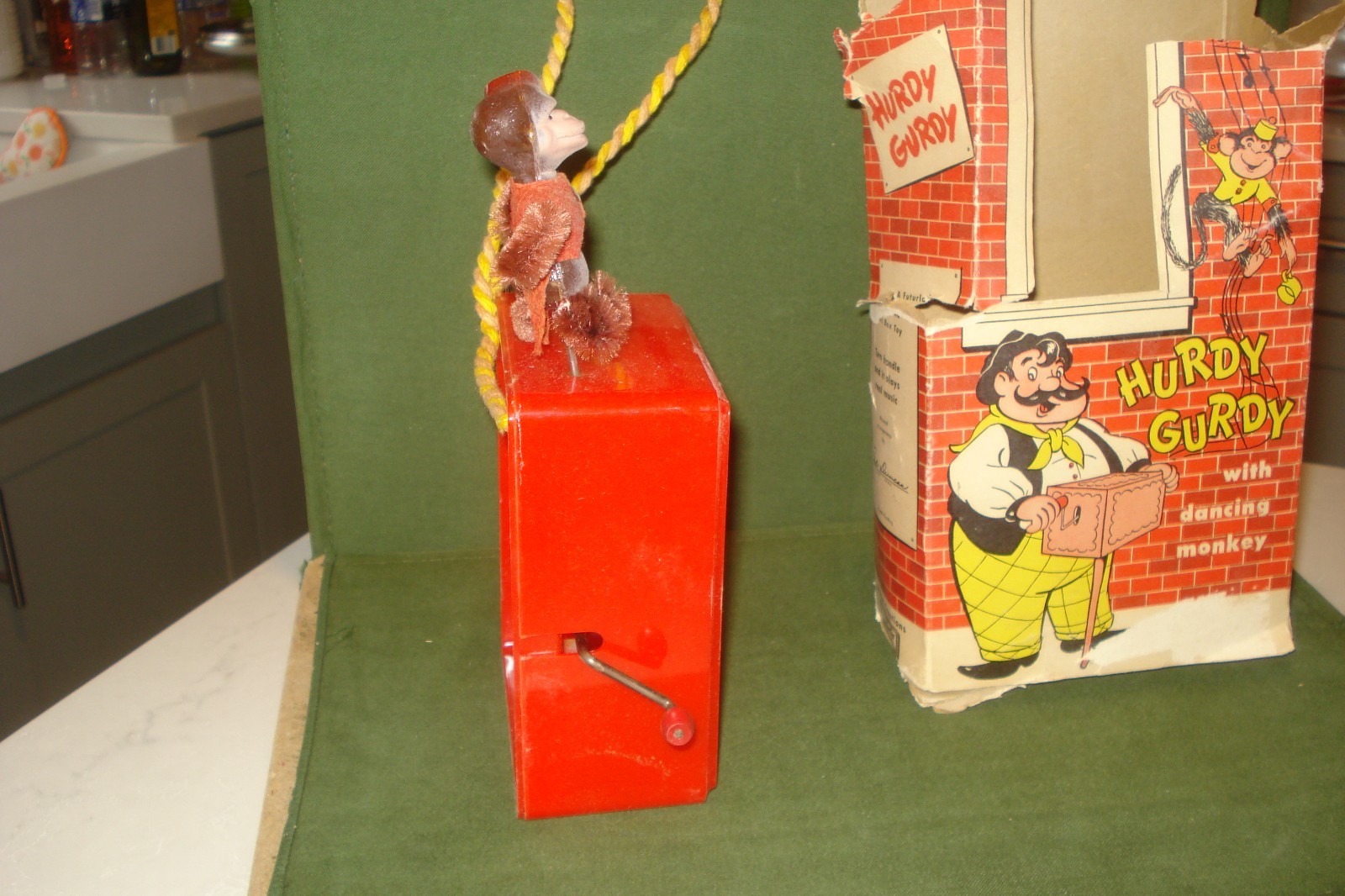 Vintage 1950's Hurdy Gurdy w/ Dancing Monkey Music Box Toy & Box Mattel, WORKS