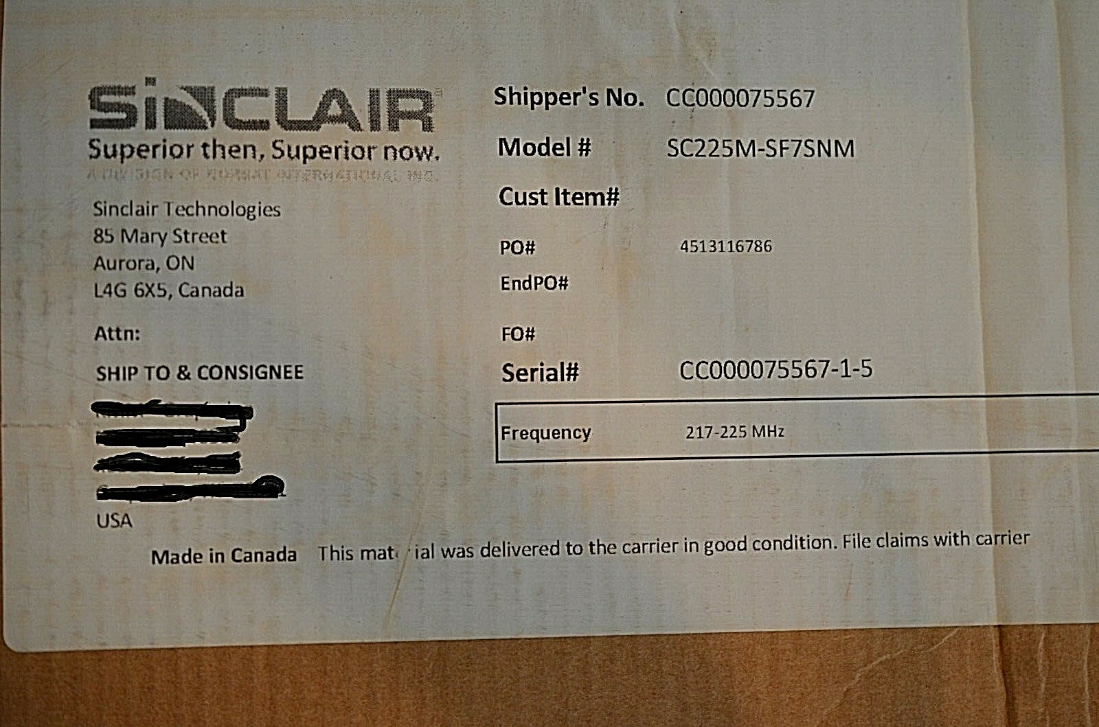 Sinclair Technologies 217-225 MHz Antenna Model SC225M-SF7SNM w/ Mounting Kit