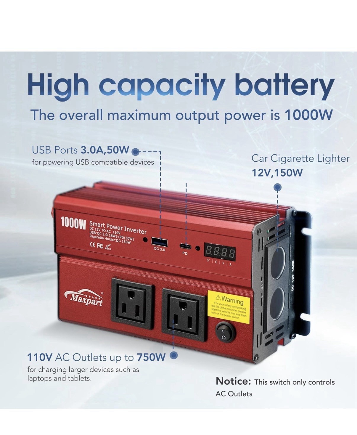 1000 W Power Inverter, Car/Light Truck 12V DC to 110V AC Converter USB and 3.0A